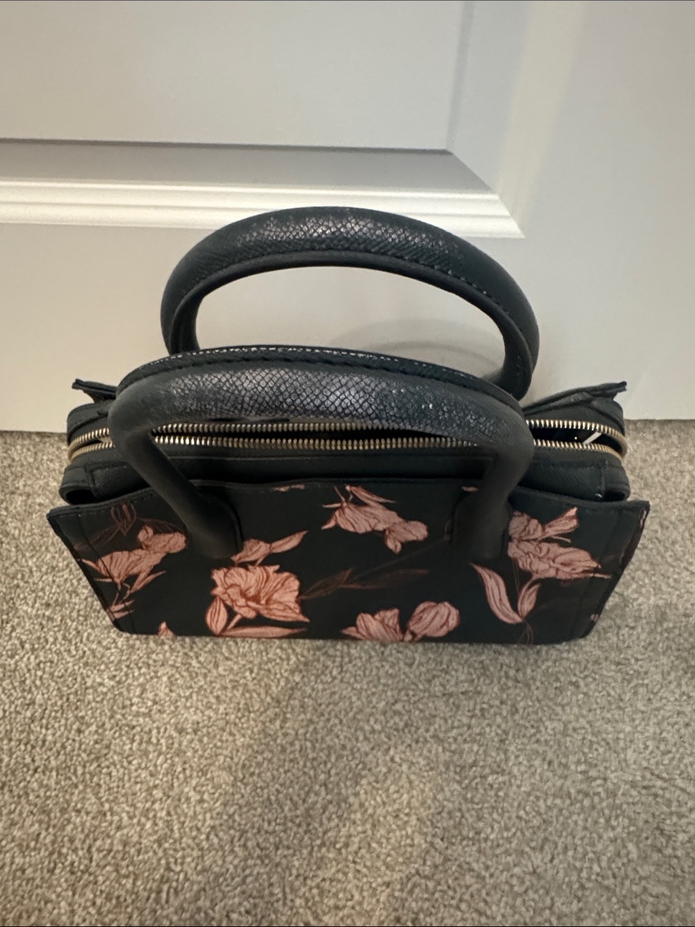a new day Dark Green Satchel with Blush Pink Floral Print and Gold Accent - Picture 4 of 8